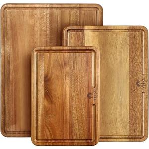 YSTKC Acacia Wood Chopping Boards for Kitchen, Large Wooden Chopping Boards with Deep Groove for Juice, Butcher Block, Wooden Platters for Meat, Fruit, Cheese, Set of 3