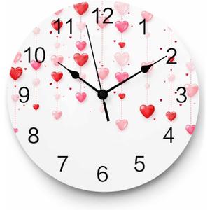 Heart Wall Clock Valentine's Day Romantic Pink Red Love Heart Battery Operated Silent Non Ticking Wall Clock Valentine's Day Decorative Round Clocks for Living Room Bedroom Kitchen 10 Inch