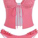 ZAFUL Tankini Swimsuits for Women Smocked Ruffles Tie Front Bowknot Textured High Cut Tanga Tankini Set (Large, 22-Red)