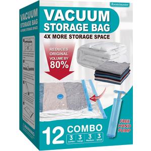 12 Pack Vacuum Storage Bags with Pump, Space Saver Vacuum Storage Bags, Vacuum Seal Bags for Clothing, Comfoters, Pillows, Blanket, Bedding