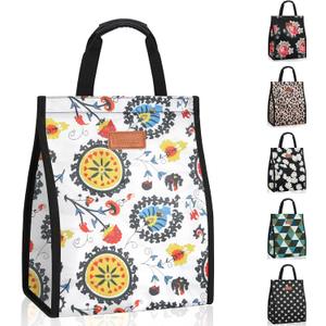 Lunch Bags for Women Insulated Reusable Lunch Tote with Internal Pocket, Lunch Tote bag for Work (Colorful Flowers) (1 pack)