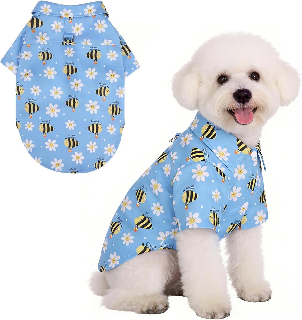 KOOLTAIL Spring Dog Shirt with Leash D-Ring, Soft Pet Botton Up Summer Beach Clothes for Small Medium Dogs, Breathable Puppy Polo Outfit with Sun & Insect Protection, Indoor Outdoor, Boy&Girl, Blue S/M