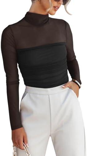 REORIA Women’s Trendy Sexy Mock Turtle Neck Long Sleeve Sheer Mesh Ruched Going Out Bodysuits Tops, M