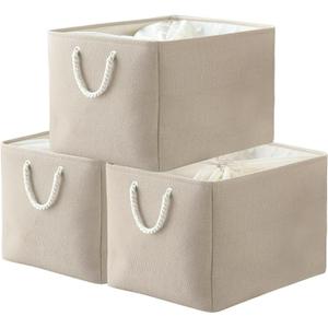 3Packs Large Canvas Closet Storage Bins Collapsible Shelf Storage Baskets with Drawstring Closure and 2 Bold Handles Linen Organizers And Storage Basket for Playroom Yarn Towels Dog Cats Baby Toys