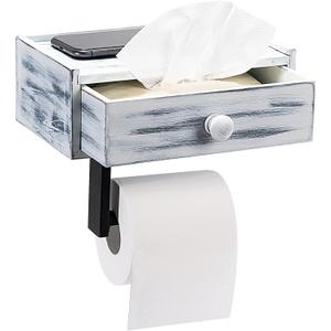 Toilet Paper Holder with Storage, Rustic Farmhouse Toilet Paper Holder with Shelf, Wall Mount, Keep Wipes Hidden Out of Sight (Rustic White)