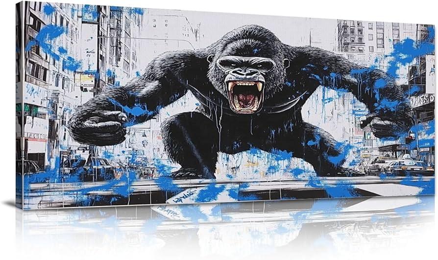JEAWA Large Canvas Wall Art, Funny Angry Gorilla Abstract City Street Graffiti Pop Paintings Black and White Modern Picture for Living Room Bedroom Men Teenage Study Home Office Decor 24x48 IN