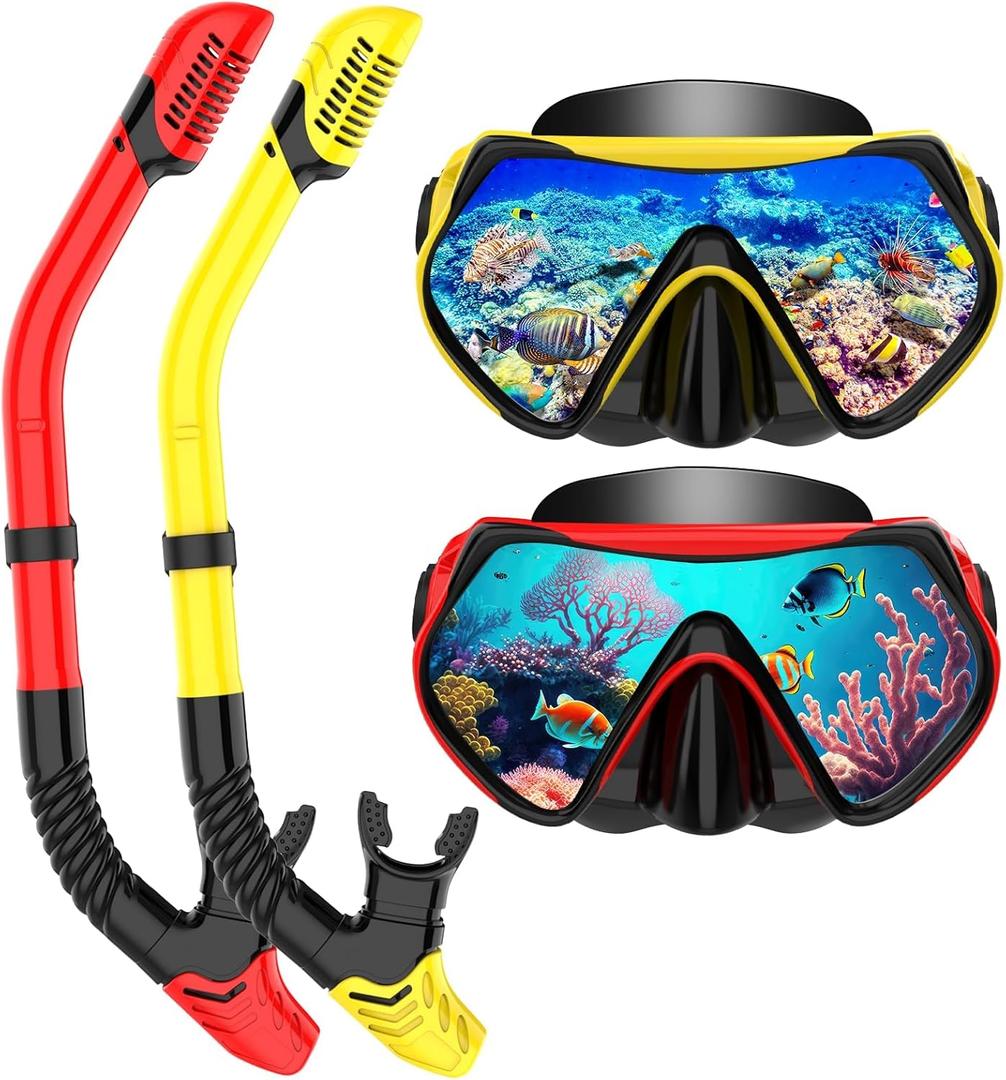 Snorkeling Gear for Adults, Dry-Top Snorkel Set Scuba Diving mask, 180Panoramic Wide View Professional Snorkeling Gear Breathing Freely Snorkel Mask (Yellow+Red)