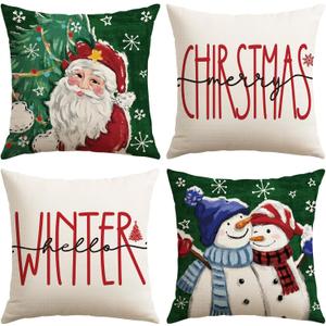 OTOSTAR Set of 4 Green Christmas Throw Pillow Covers 20x20 Inch Winter Xmas Decorative Pillow Case Cover for Sofa Living Room Holiday Decor (Green- Santa Claus and Couple Snowman)