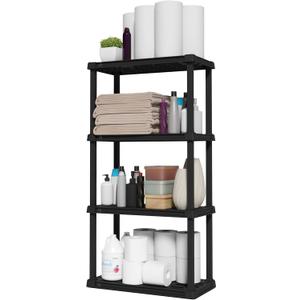 IRIS USA 4-Shelf Light Duty Plastic Storage Shelves, 200lb Capacity, 48"H x 24"W x 12"D, Medium Modular Shelving Unit Storage Organizer for Bathroom, Laundry, Garage & Home, Storage Rack - Black