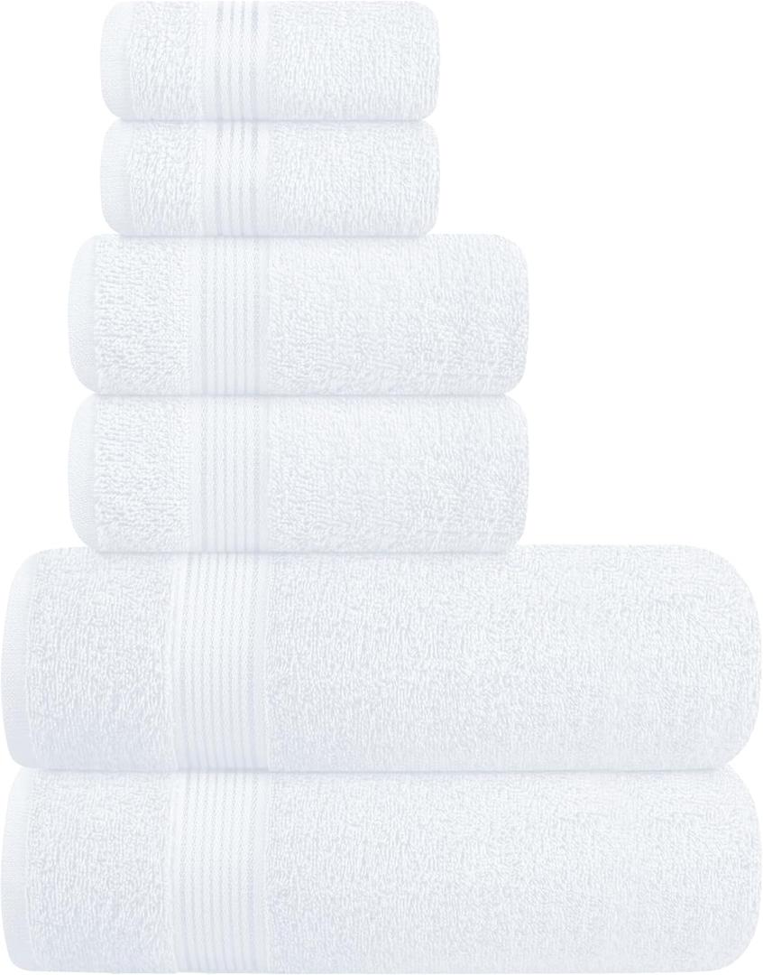 Elvana Home Ultra Soft 6 Pack Cotton Towel Set, Contains 2 Bath Towels 28x55 inch, 2 Hand Towels 16x24 inch & 2 Wash Coths 12x12 inch, Ideal Everyday use, Compact & Lightweight - White