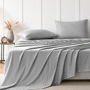 JELLYMONI 100% Natural Cotton Queen Sheet Set, 4 Pieces Black and White Striped Sheets  16" Deep Pockets Bedding Set, Ultra-Soft, Machine Washable (0906)