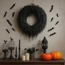 Yunlly Artificial Halloween Wreath for Front Door, Fall Faux Wreath Decorations Green Artificial Branches for Indoor Wall, Windows, Outdoor Porch Halloween Party Home Decor