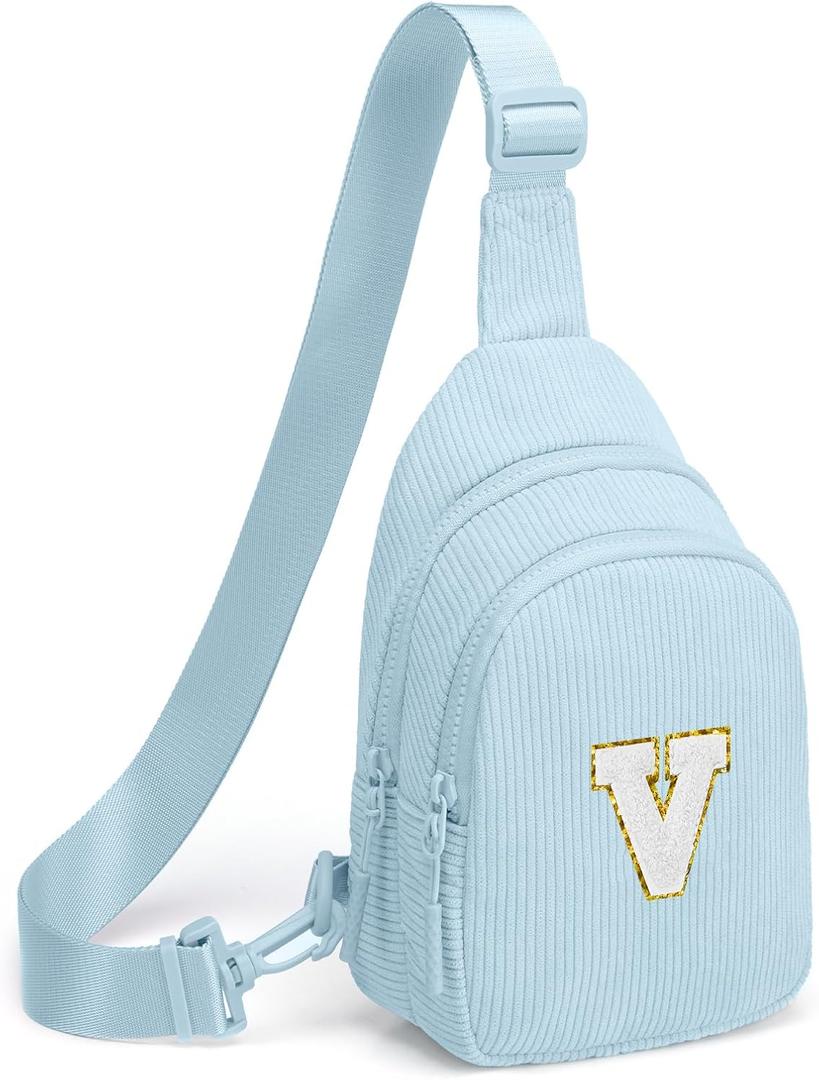 Viverte Small Corduroy Sling Bag Initial Crossbody Bag Fanny Pack for Girls Personalized Birthday Gifts for Teen Girls Gifts (Icing Blue)