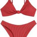 ZAFUL Women's Tie Knot Front Spaghetti Strap High Cut Bikini Set Swimsuit L