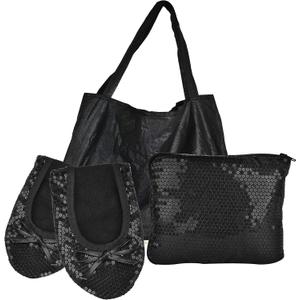 Women's Foldable Flats  Portable Ballet Slippers Shoes for Travel, Wedding  Fits in Purse (XX-Large, Black Sequin+expandable Tote)