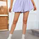 2 x Fisoew Womens High Waisted Bubble Shorts Smocked Elastic Going Out Cute Skorts with Pockets (Purple)
