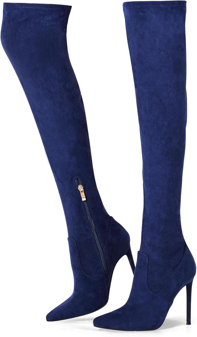 Elisabet Tang Thigh High Boots Over the Knee Boots for Women,Sexy 4.3 inch Stilettos High Heels Boots Stretch Suede Long Pointed Toe Shoes (9, Navy Blue)