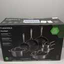 Amazon Basics 11-Piece Ceramic Non-Stick Pots and Pans Set, Dishwasher & Oven Safe, Easy Clean, Glass Lids, Black/Cream