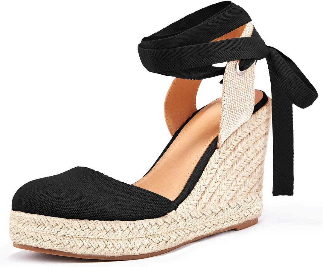 Ermonn Womens Espadrilles Wedge Sandals Platform Closed Toe Ankle Strap Lace Up Summer Shoes (7, 1-black)