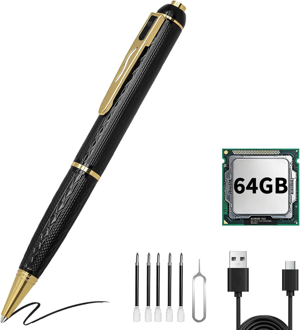 64GB Mini Hidden Camera Pen, 1080P FHD Nanny Cam with 300 Min Long Battery Life, One-Button Operation, Metal Body Micro Security Camera for Home Office (64GB with Box)