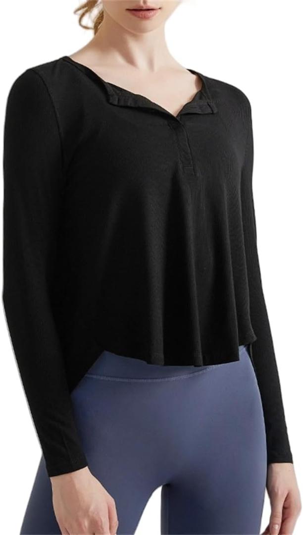 Long Sleeve Workout Shirts for Women V Neck Elastic Oversize Pullover Yoga Gym Tops Quick Dry Hiking Athletic Running Shirts (Black)