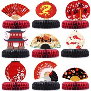 Pajean 9 Pcs Hibachi Birthday Party Decorations Japanese Party Decor Honeycomb Centerpieces Paper Fans Asian Table Decor Cherry Blossom for Baby Shower Wedding Birthday Supplies
