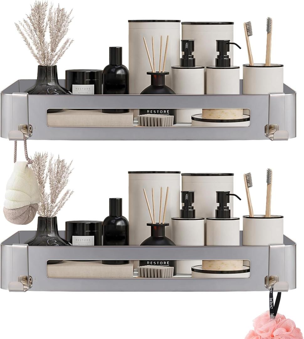 NearMoon Bathroom Shower Caddy 2 Pack, No Drill 304 Stainless Steel Shower Organizer with 2 Hooks (Shower Shelf, Chrome)