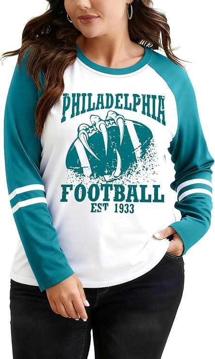 Plus Size Football Shirts Women Game Day Graphic Long Sleeve Shirt Sunday Funday T-Shirts Casual Football Fan Tee Top, Size XL