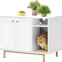 Hzuaneri Cat Litter Box Enclosure, Hidden Litter Box Furniture with Storage, Large Wooden Cabinet with Scratch Pad, Modern End Table for Living Room, Bedroom & Entryway, White and Gold, 31.4"L x 19.6"W x 24"H