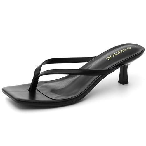 SKETOE Kitten Heels for Women Square Toe Sandals Flip Flop Heels Thong Sandals Comfortable Summer 2 Inch Heels Sandals Black, 8