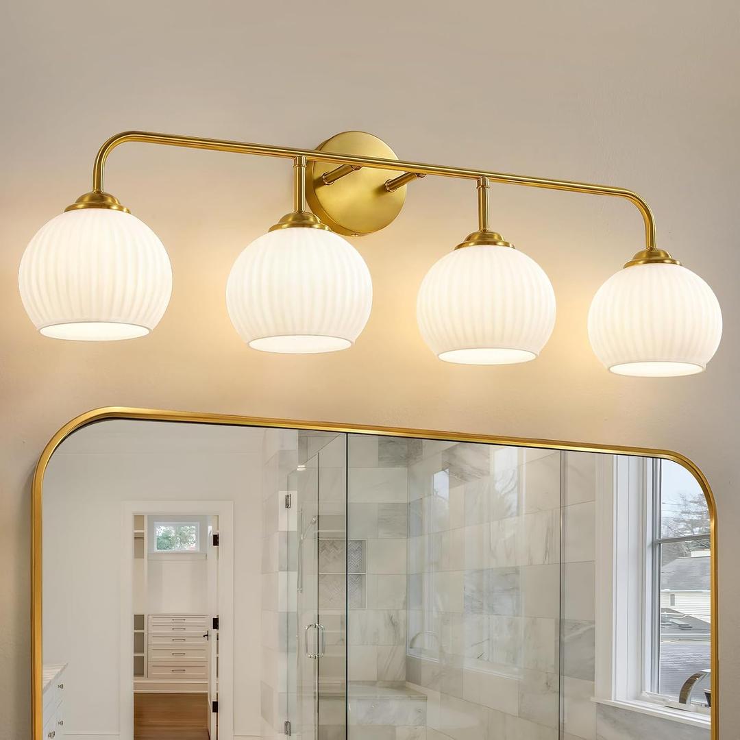 Frosted Bathroom Vanity Light: Brushed Gold 4 Lights Bathroom Lighting Fixtures Over Mirror - Vintage Wall Lights with Milky White Ribbed Glass for Living Room Hallway