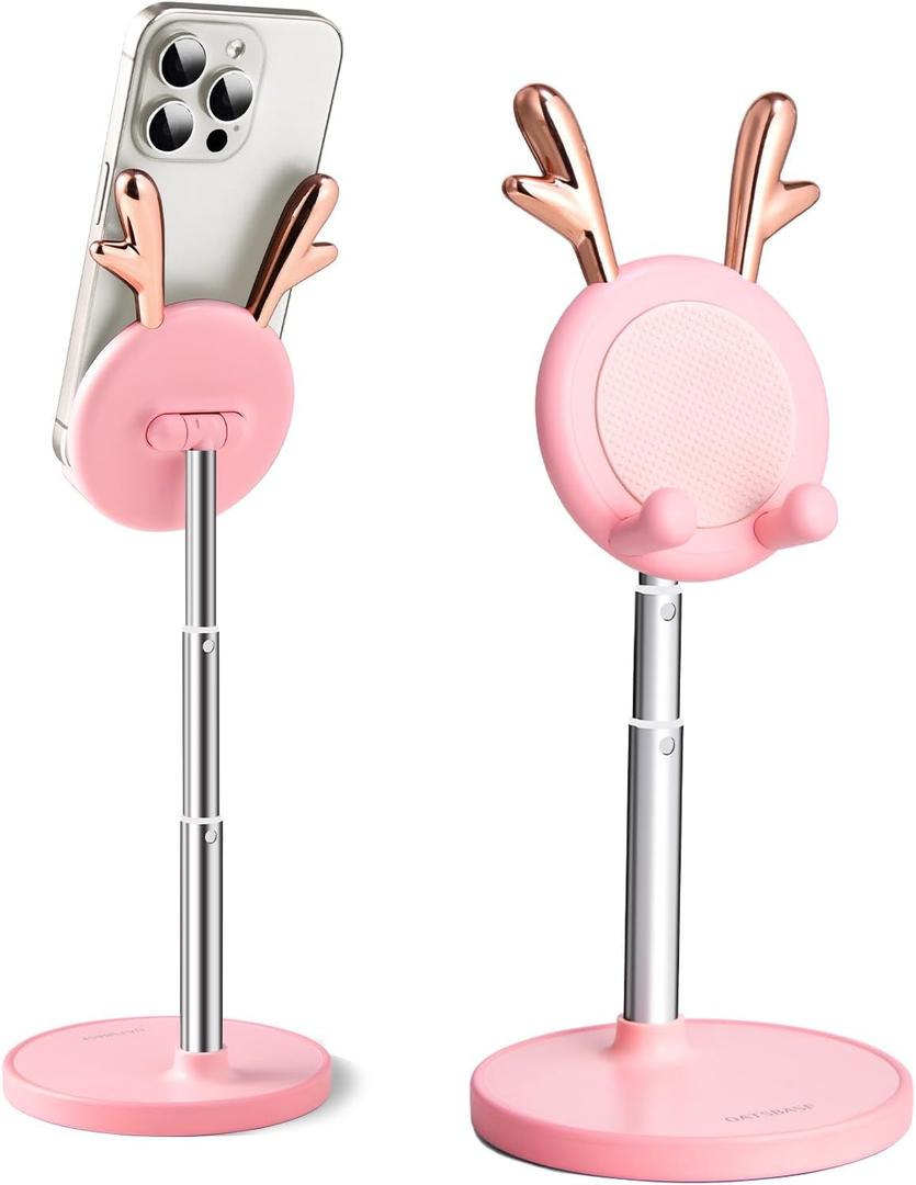 OATSBASF Cute Cell Phone Stand, Adjustable Deer Ears Phone Stand for Desk, Phone Holder Stand Thick Case Friendly Holder Compatible with Phone, Kindle, iPad, Switch, (Pink)