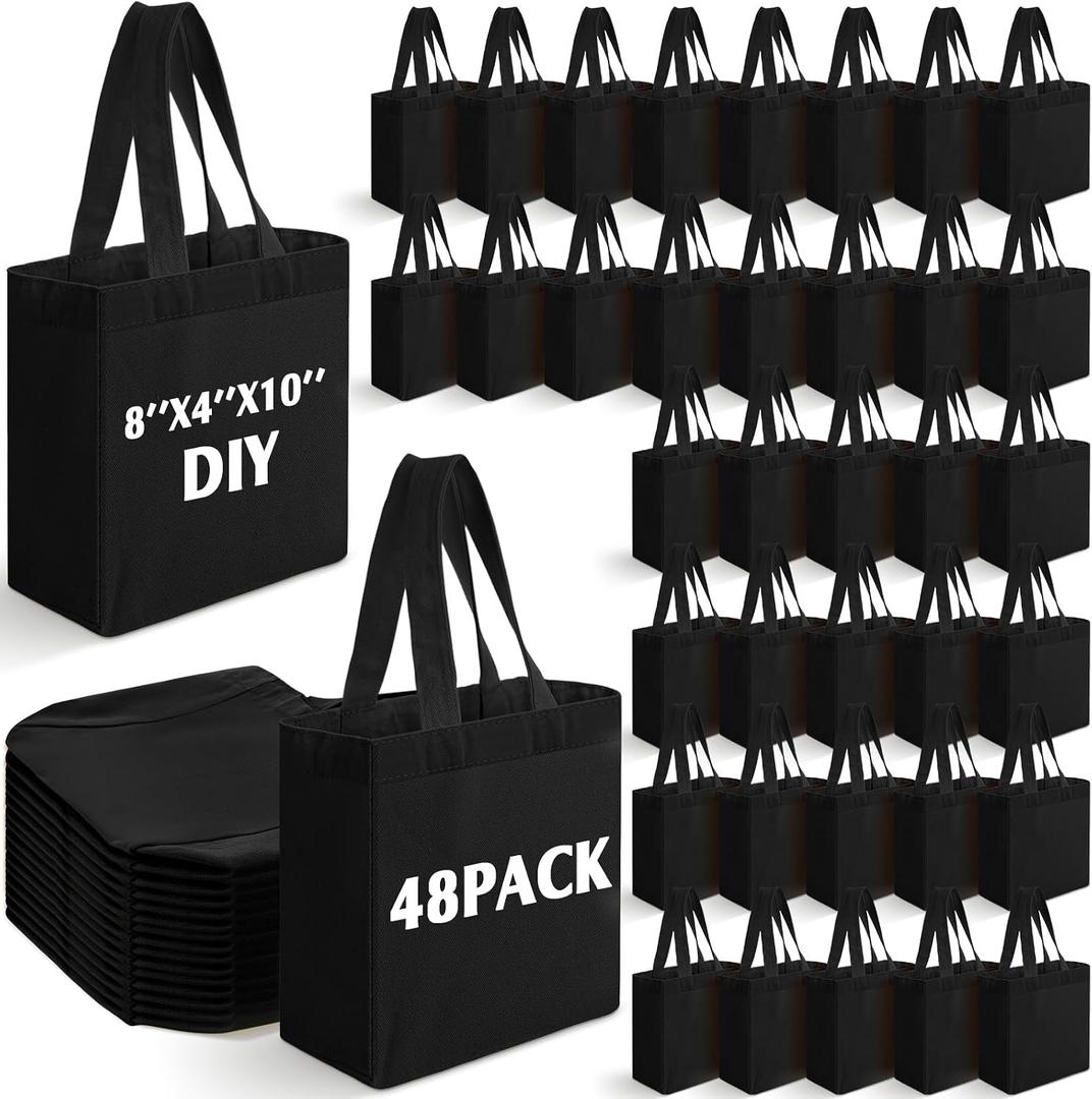 Sanwuta 48 Pack Mini Canvas Tote Bag 8'' x 4'' x 10'' Small Sublimation Blank Canvas Bags Reusable Tote for Christmas Crafts DIY Party Gifts (Black)