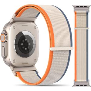 Trail Loop Nylon Band Compatible with Apple Watch Ultra 3/2/1 Bands 49mm 46mm 45mm 44mm 42mm, Sport Breathable Replacement iWatch Wrist Strap for SE Series 11 10 9 8 7 6 5 4 Men Women (Orange/BeigeSilver Connectors)