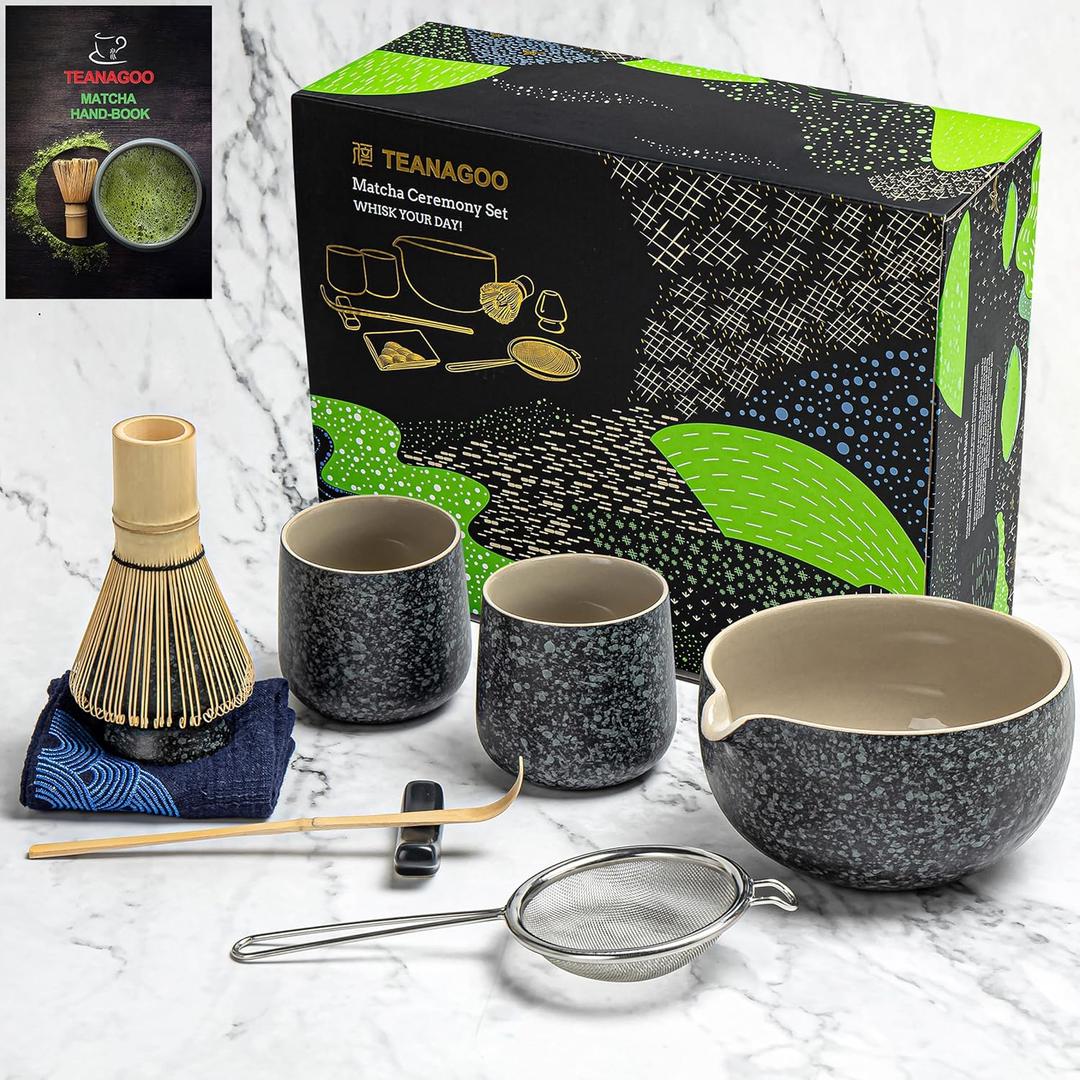 TEANAGOO 9 Pcs Matcha Whisk Set,Ceramic Matcha Set,Matcha Kit for Ceremony,Matcha Tea Set for Making Breakfast/Matcha Latte,Matcha Whisk and Bowl Set with 2 Matcha Cups(7.2oz),Gift for Matcha Lover (Charcoal Black 2)