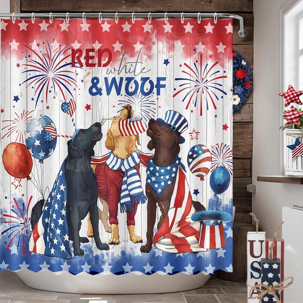 MEHOFOND 4th of July Shower Curtain Red White and Blue Patriotic Shower Curtain for Bathroom Independence Day Cute Dog Home Bathtub Decor Fabric Waterproof Bath Curtain with 12 Hooks 72x72 Inch