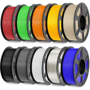 TECBEARS PLA 3D Printer Filament Bundle, 10 KG PLA Filament 1.75mm, Neatly Wound 3D Printing Filament, 1 Kg Per Spool, 10 Pack, Black+White+Grey+Transparent+Red+Blue+Green+Orange+Wood+Gold