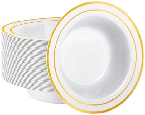 Goodluck 50 Pack Plastic Bowls with Gold Rim, 12oz Disposable Soup Bowls, Heavy Duty Dessert Bowls for Weddings, Parties, Dinners, Catering, Thanksgiving and Everyday Use