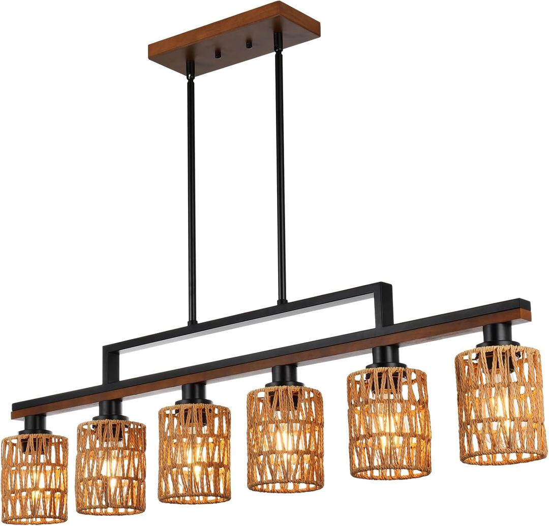 VINLUZ 6 Light Kitchen Island Lighting,Metal Farmhouse Dining Room Chandelier Rustic Linear Pendant Lighting for Kitchen Island Dining Living Room,Black Metal & Wood