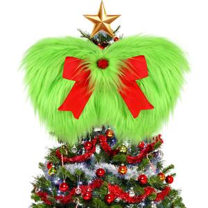 Christmas Bow, Christmas Tree Topper Bows, 18x14'' Large Fluffy Green Bow Christmas Decorations with Red Bows, Christmas Wreath Bows Hanging Ornaments for Holiday Front Door Wall Window Fireplace