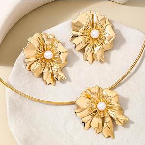 Vivian&CD Gold Choker Necklaces Earrings Set for Woman, Simple Metal Collar Necklace Earrings Set Open Round Clavicle Chain Earrings