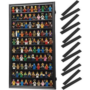 Minifigure Display Case - 29” x 16” - Holds up to 150 Mini Figure Toys, Miniature Figures, Thimbles and Collectibles – Wall Mounted - Black Wood Finish Frame – with Mounting, Locks and Base Plates