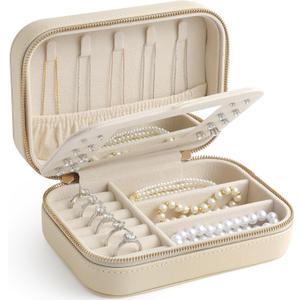 Genuine Leather Travel Jewelry Organizer Case with Mirror for Women, Small Mini Portable Jewelry Box for Ring Earrings Necklace Bracelet Luxury Gift for Women（Beige）