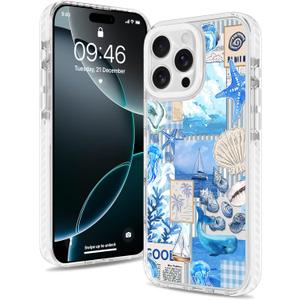 Magnetic for iPhone 16 Pro Case [Compatible with MagSafe] Seashell Ocean Blue Whale Retro Collage Design, Clear Slim Shockproof Phone Cover for Women Men