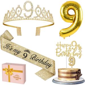 9th Birthday Decorations for Girl Gold with 9th Birthday Sash and Tiara, Candles and Cake Topper, Number Balloons, 9 Year Old Gifts for Girls