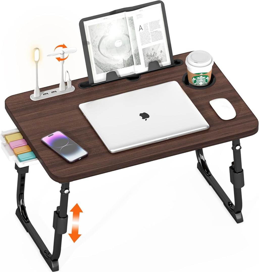 Laptop Desk for Bed Height Adjustable, Lap Bed Table with USB/Storage Drawer/Cup Holder/Tablet Stand/Book Shelf, Foldable Breakfast Tray Portable for Reading Writing, Sofa & Floor, Walnut