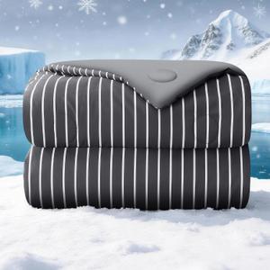 Cooling Comforter Queen Size, Q-Max 0.45 Reversible Striped Cooling Blanket for Hot Sleepers, Breathable Lightweight Silk Smooth Summer Bedding, Quilted Ice Blanket, Dark Gray