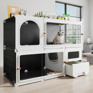 Cat Cage Cat Enclosure with Litter Box & Clear Sliding Door, Expandable Cat Playpen, Detachable Metal, Cat Cage Indoor and Outdoor, Ferret Cage (Two layers)