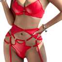3 x Girece Women's Leather Lingerie Sets Corset Exotic Lingerie Strappy Latex Outfits Underwire Push Up Garter Lingerie (Red, L)