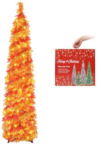 MACTING Fall Tree with 100 LED Lights 5FT Collapsible Autumn Maple Leaf Pop Up Tinsel Tree Battery Operated with Timer Easy-Assembly for Porch Home Apartment Holiday Thanksgiving Christmas Decorations